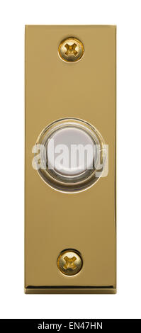 Brass Rectangle Doorbell with Round White Push Button Isolated on a White Background. Stock Photo