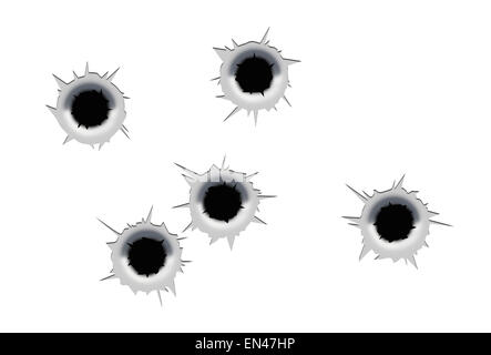 Five Bullet Holes In Metal Isolated on White Background. Stock Photo