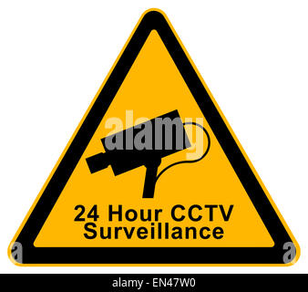 Yellow Triangle 24 Hour Surveillance Warning Sign Isolated on White Background. Stock Photo