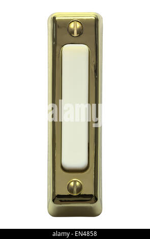 Brass Rectangle Doorbell with Long White Push Button Isolated on a White Background. Stock Photo
