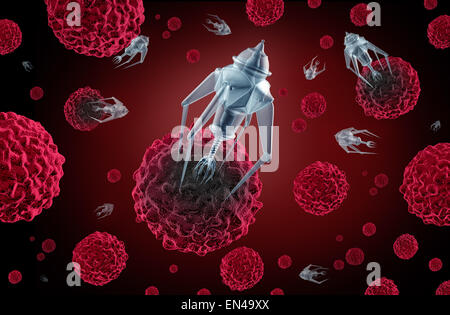 Nanotechnology medicine concept as a group of microscopic nano robots or nanobots programed to kill cancer cells or  human disease as a futuristic health care cure symbol. Stock Photo