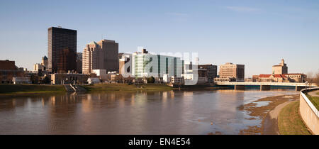 Sunrise comes to the Miami River flowing through Dayton Ohio Stock Photo