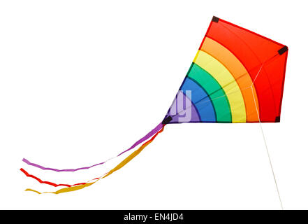 Small Flying Rainbow Kite Isolated on a White Background. Stock Photo