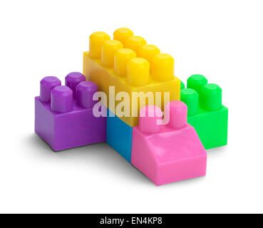 Stacked Plastic Toy Blocks Isolated on a White Background. Stock Photo