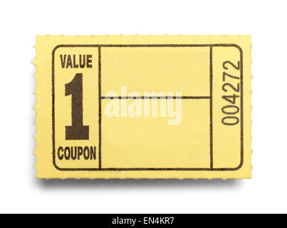 Small Yellow Coupon Ticket Isolated on a White Background. Stock Photo