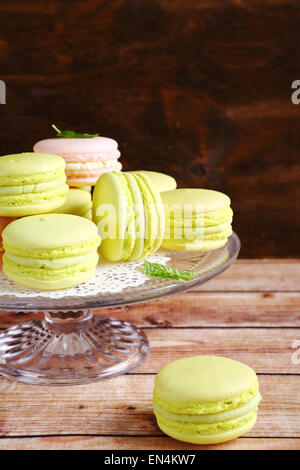 Fresh macaroon on small stand, food Stock Photo
