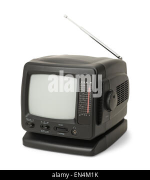 Small Black Television with Antenna Isolated on White Background. Stock Photo