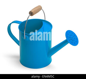 Angle View of a Metal Blue Watering Bucket With Handle Isolated on a White Background. Stock Photo