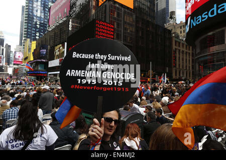 Manhattan, New York, USA. 26th Apr, 2015. Armenian-Americans participate in commemorating the 100th anniversary of the Armenian Genocide in Times Square, Manhattan, NY. The total number of Armenians killed, at the hands of the Young Turk government of the Ottoman Empire, has been estimated at between 800,000 to 1.5 million. The genocide is said to have begun on April 24, 1915. © Angel Chevrestt/ZUMA Wire/Alamy Live News Stock Photo