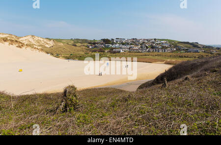 View towards Holywell Bay village North Cornwall coast England UK near Newquay and Crantock in spring with blue sky Stock Photo