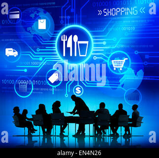 Silhouettes of Business People Having a Meeting and Shopping Concept Stock Photo