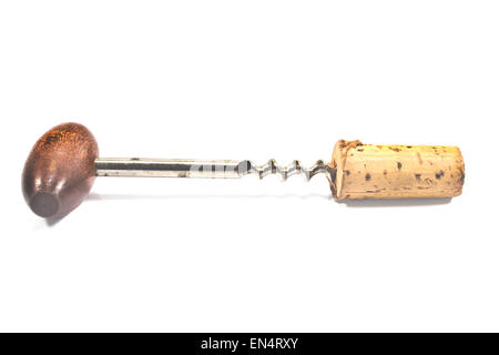 Vintage corkscrew with cork isolated on white Stock Photo