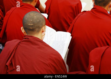 young monk in Bhaktapur templ in Nepal Stock Photo