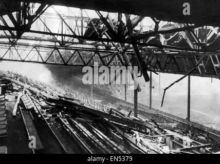 Bomb damaged Old Trafford, home ground of Manchester United Football Club, pictured shortly after Second World War, 1945. Stock Photo