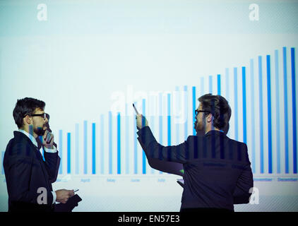 Young businessman presenting his colleague financial report on the wall Stock Photo
