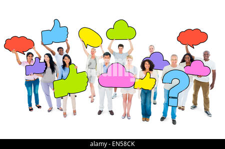 Multi-Ethnic Group of People and Colorful Speech Bubbles Stock Photo