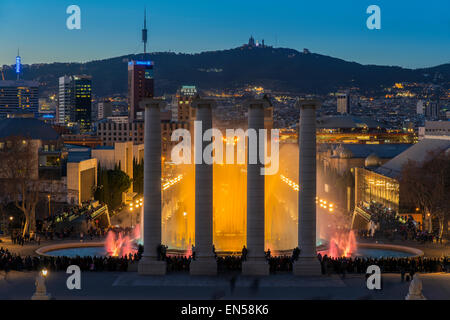 Night light show at Magic Fountain or Font Magica located in Montjuic, Barcelona, Catalonia, Spain