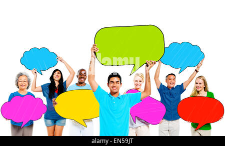 Multi-Ethnic Group of People and Colorful Speech Bubbles Stock Photo