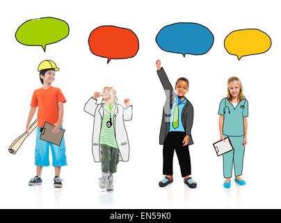 Group of Children in Dreams Job Uniform with Speech Bubbles Stock Photo