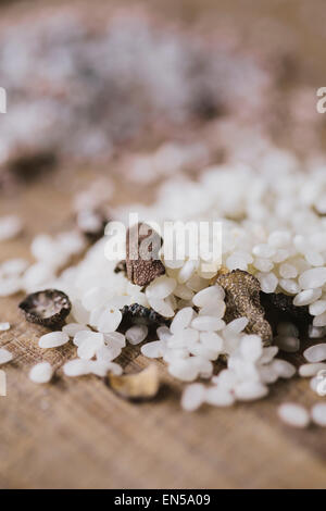 Uncooked risotto rice with black truffle shavings Stock Photo