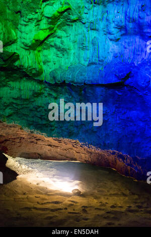 Cave formations in the Carboniferous limestone of the Mendip Hills are illuminated for display at Wookey Hole Caves Stock Photo