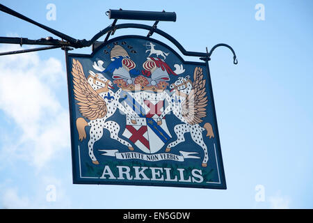 Close up of old metal pub sign sign for Arkells brewers, Calne, Wiltshire, England, UK Stock Photo