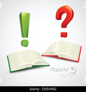 Vector illustration of books and characters or questions and exclamation Stock Vector