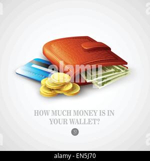 Purse with money, credit cards and coins. Vector illustration Stock Vector