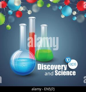 Chemical Science and discovery. Vector illustration. Molecule and flasks Stock Vector