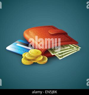 Purse with money, credit cards and coins. Vector illustration EPS 10 Stock Vector