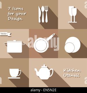 Seven icons of kitchen utensil in monochrome flat design style Stock Vector