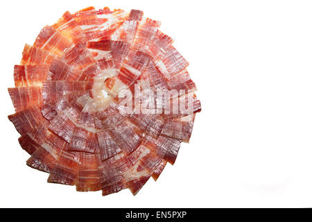 Circle made of spanish cured iberico ham slices. Isolated over white background Stock Photo