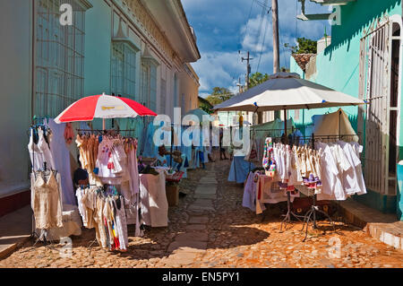 Horizontal view of a handicrafts street market in Trinidad, Cuba. Stock Photo