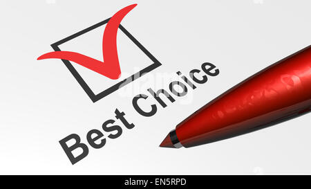 best choice text, red tick, black check box, pen Stock Photo