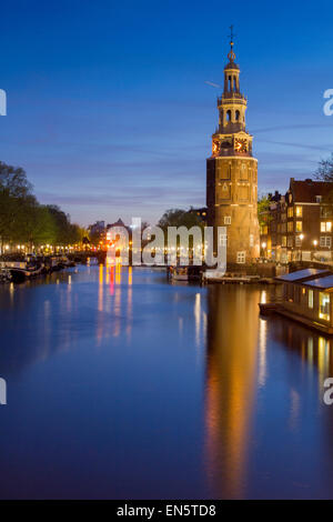 Montelbaanstoren at night, Amsterdam, Holland Stock Photo