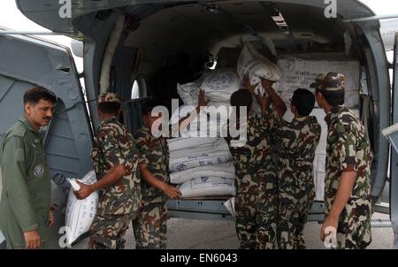 Allahabad, India. 27th Apr, 2015. Nepalese army loading Indian Air force MI-17 with relief material for earthquake hit peoples at Kathmandu. The death toll in Nepal's earthquake could reach 10,000, Prime Minister Sushil Koirala has said, as survivors' despair turned to anger at the government's slow response to the humanitarian crisis unfolding in the country, with food, water and other essentials in desperately short supply. © Prabhar Kumar Verma/Pacific Press/Alamy Live News Stock Photo