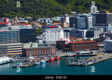 Wellington CBD, waterfront, and Te Ahumairangi Hill (Tinakori Hill), seen from Mount Victoria Lookout, Wellington, New Zealand Stock Photo