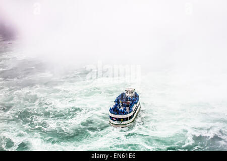 Aerial view of the Maid of t;he Mist in the churning water at the base of Horseshoe Falls. Stock Photo