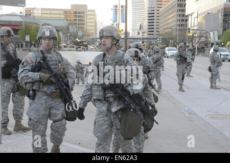 Baltimore, USA. 28th Apr, 2015. National Guard soldiers patrol in Baltimore, Maryland, the United States, April 28, 2015. U.S. President Barack Obama said on Tuesday there was no excuse for that kind of violence that occurred in Baltimore in the past days, calling for the country to do some 'soul searching' as the race-related riots convulsed the largest city of U.S. State of Maryland. Credit:  Guan Wubin/Xinhua/Alamy Live News Stock Photo