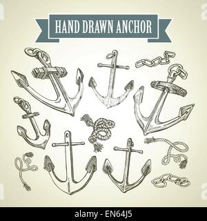 Sketch Hand drawn anchor. Set of vector illustrations Stock Vector