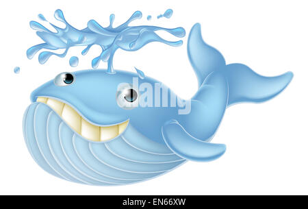 An illustration of a happy cute cartoon blue whale spouting water from its blow hole Stock Photo