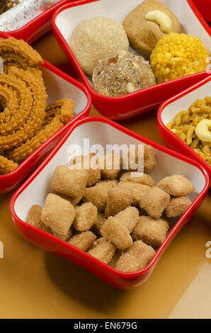 Shankarpali, Chakali, Laddu, Chivda and Namkeen. Typical Diwali snack items, Maharashtra, India. Stock Photo