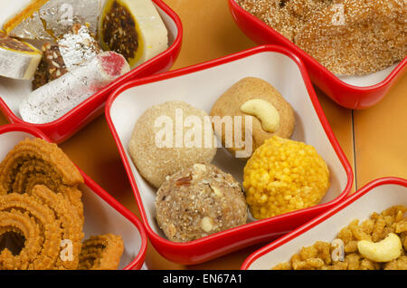 Shankarpali, Chakali, Laddu, Chivda and Namkeen. Typical Diwali snack items, Maharashtra, India. Stock Photo