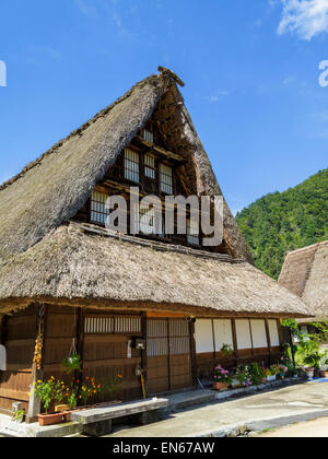 Pretty wooden houses are the reason for the UNESCO World Heritage Site at Shirakawa-go, Japan. Traditional style house, Japanese gassho zukuri houses Stock Photo