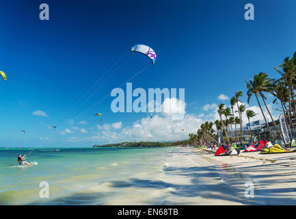 kite surfing on tropical bolabog beach in boracay philippines Stock Photo