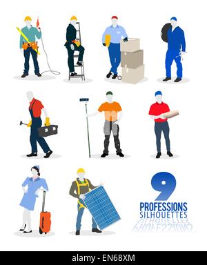 Nine professions silhouettes vector Stock Vector