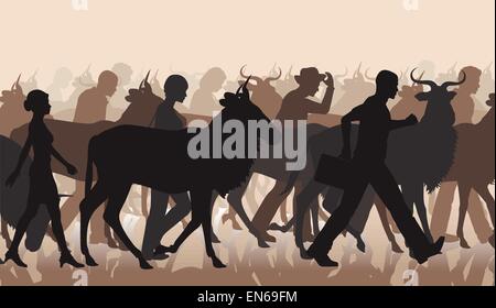 EPS8 editable vector cutout illustration of a mixed herd of wildebeest and people commuting or migrating Stock Vector