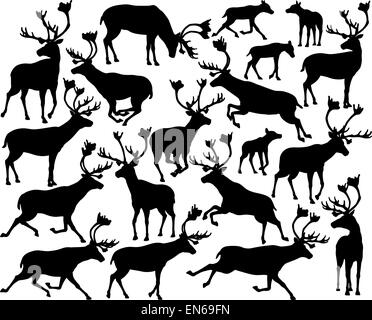 Set of eps8 editable vector silhouettes of reindeer or caribou standing, walking, running and leaping Stock Vector