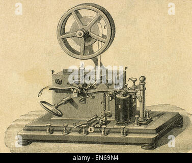 Morse System. Morse telegraph reciever. Engraving 19th century. Stock Photo