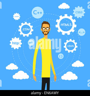 Programmer Man Computer Geek Coder Flat Vector Stock Photo